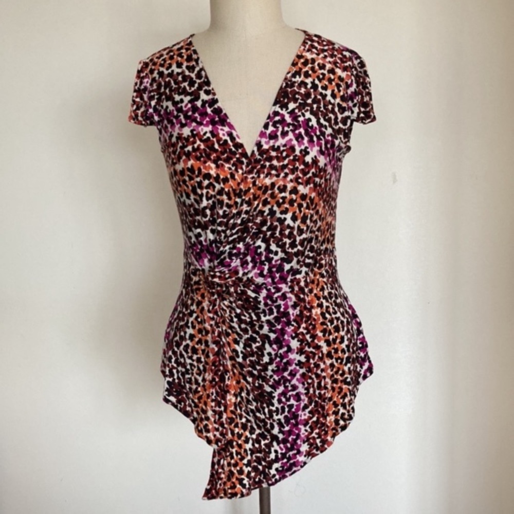 Asymmetrical leopard print top, soft knit, faux wrap twist, M